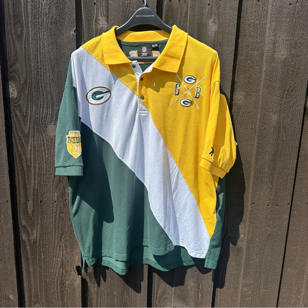 Green Bay Packers NFL Apparel Polo Shirt Green Yellow Vintage look Men's 2XL